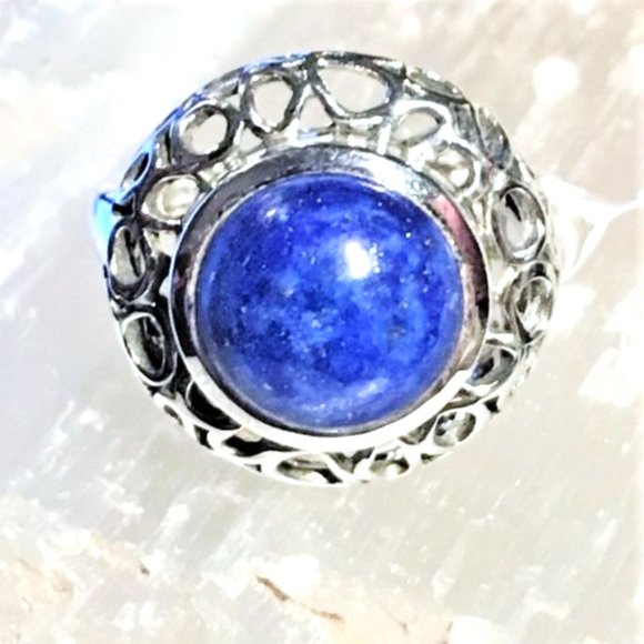 Genuine Lapis Lazuli Round .925 Ring Ornate Silver size 6.5 - Picture 4 of 13